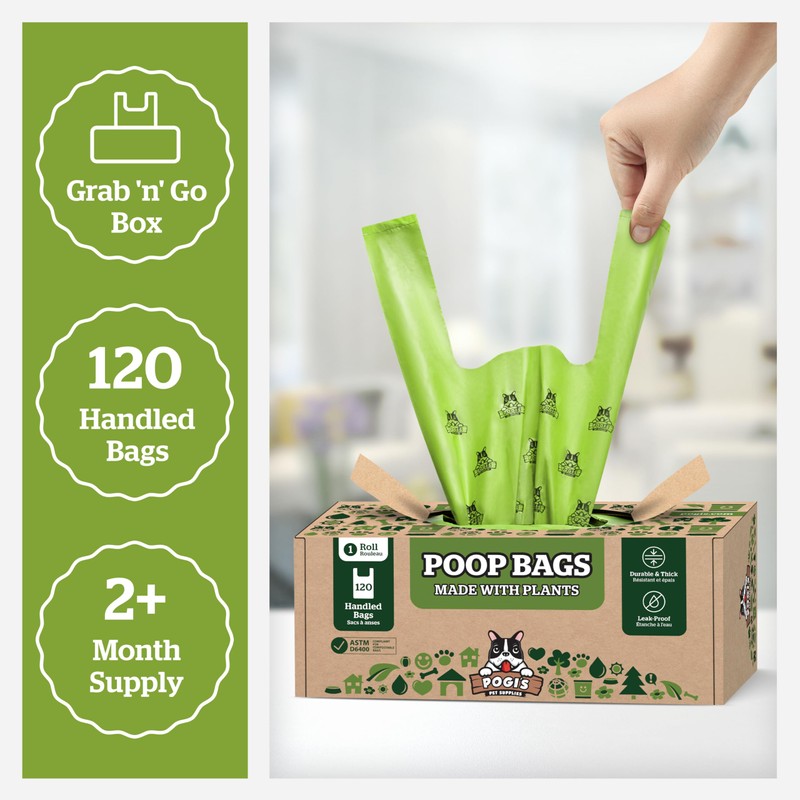 Pogi's Compostable Poop Bags with Easy-Tie Handles – Leak-Proof, Extra-Large,
