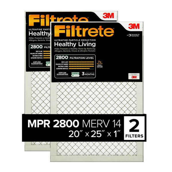 Filtrete 20x25x1 Furnace Air Filter MPR 2800 MERV 13, Healthy Living Ultrafine Particle Reduction, 2-Pack (exact dimensions 19.719 x 24.688 x 0.78)