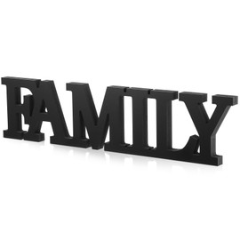 Wooden Family Sign Wall Art Decor Wood Home Decoration Signs Rustic with Stylish Family Letter for Kitchen Living Room Bedroom Shelf Mantel Fireplace Table Centerpiece(Black)