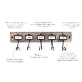 Spectrum Vintage Living 5 Hook Coat Rack Wall Mount with Nameplates for Easy Organization of Coats Jackets Backpacks & More, Wall Mounted Sturdy Rack Storage, Aged Gray Wood Industrial Gray Hooks