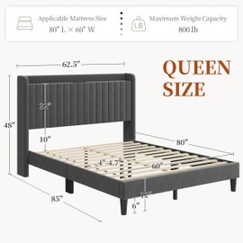 Yaheetech Queen Bed Frame with Headboard, Upholstered Headboard with Charing Station and Storage Shelf, Platform Bed Frame, No Box Spring Needed, Easy Assembly, Dark Grey