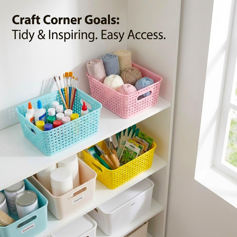 Colorful Small Plastic Storage Woven Baskets, 6 Pack Versatile Shelf