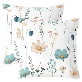Erosebridal Minimalist Floral Decorative Pillow Covers Set of 2 18X18,European Style Pillow Covers,Teal Beige Flower Throw Pillow Covers,Garden Botanical Leaves Cushion Covers for Kids Girls Teens