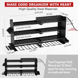 ZEAKOC Power Tool Organizer with Charging Station, 4 Layers 8 Drill Holder Wall Mount,Metal Garage Rack with 10A Power Strip,Tool Shelves with Hooks,Drill Bit Storage, for Men Dad (Black)