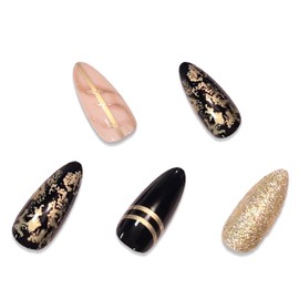 BABALAL Almond Press on Nails Medium Fake Nails Black Gold Stick on Nails 24Pcs Stiletto Acrylic Nails for Women and Girls