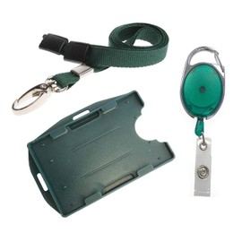 3 Piece ID Badge Set Green Includes Metal Lobster Clip Lanyard, Retractable Badge Reel, Dual Double Sided ID Card Badge Holder (Landscape & Portrait in one Card Holder) PCL Media ltd