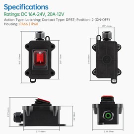 GKEEMARS Inline Cord Waterproof Switch with Red Light Rocker Button, 4 Pin 2 Position IP68 On Off Toggle Switch for DC 16A-24V, 20A-12V DPST, One-Side Entry and Exit Line