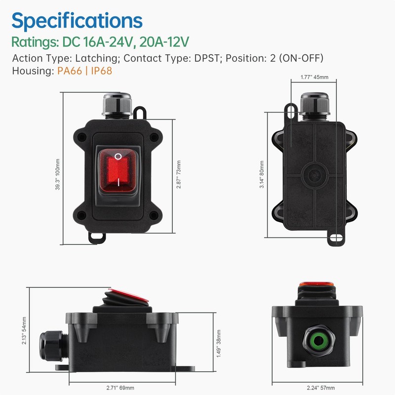 GKEEMARS Inline Cord Waterproof Switch with Red Light Rocker Button,