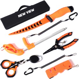 NEW VIEW 9pc & 10pc Professional Fishing Gear Tool Kit - Saltwater & Ice Fishing Tools Set - Corrosion Resistant Fishing Pliers Knife Scissors Gripper Kit with Fishing Gear Carrying Case