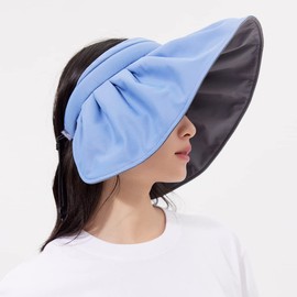 Sun Visor Hat for Women Wide Brim Foldable UPF 50+ UV Protection Beach Cap Roll Up Packable Ponytail Shell Hats SLH3M433, Blue&dark Grey, One Size