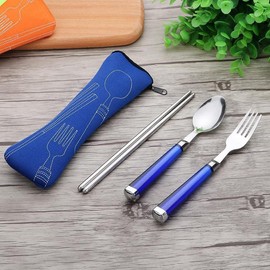 Blue Portable Tableware Bag Outdoor Travel Camping Cutlery Pouch Storage Bag Flatware Tableware Dinnerware Carrying Case for Knife Fork Spoon Tea Spoon Chopsticks Bottle Opener Straws Camp Kitchen