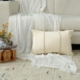 Labilin Boho Lumbar Pillow Covers 12x20 inch, Beige Woven Stripes Farmhouse Decorative Pillow Covers with Tassels Morden Neutral Rectangle Cushion Cases for Couch Bedroom Living Room Car, Beige