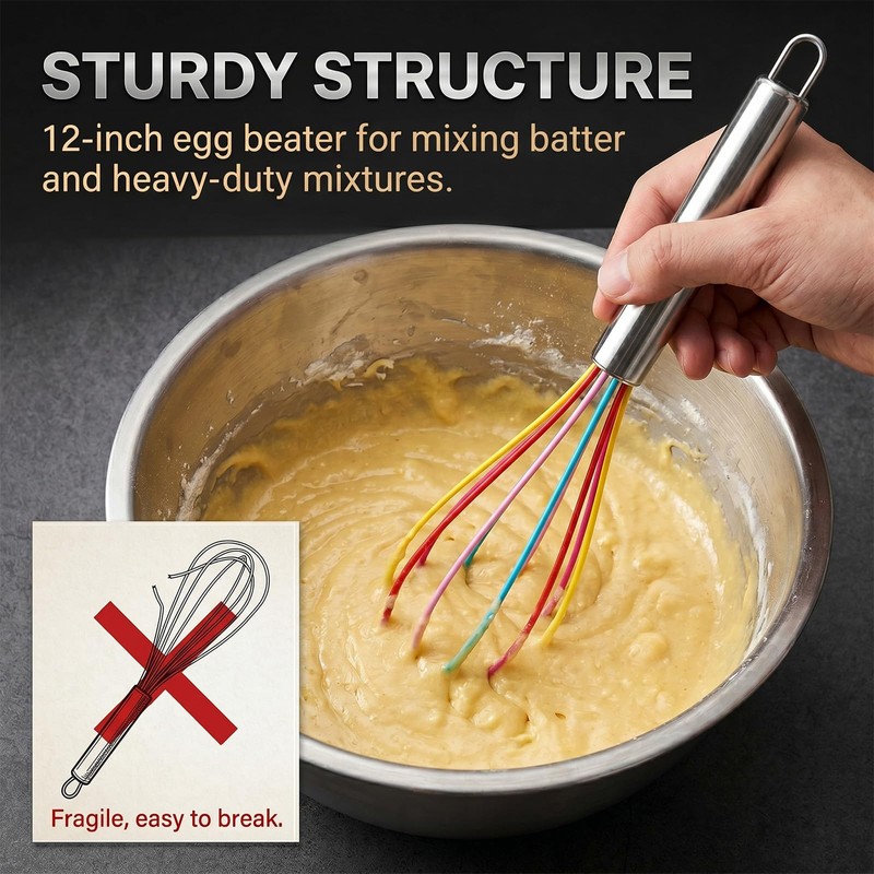 Silicone Whisk,Stainless Steel Wired Wisk Set 8" 10" 12",Heat Resistant
