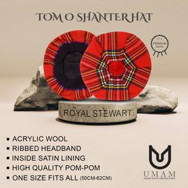 UMAM Scottish Traditional Tam o' Shatner Acrylic Wool Tammy Hat Flat Bonnet Kilt Many Tartans, Royal Stewart 003tcp, One Size