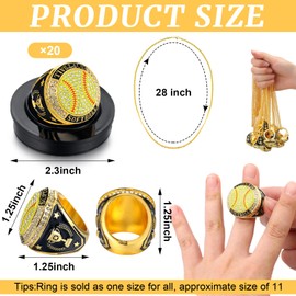 Highergo 20 Pcs Basketball Softball Championship Rings with Display Neck Chain and Stand Baseball Volleyball Soccer Trophy Rings Bulk for Tournament Award Gift(Gold,Softball)