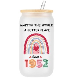 WOSIWULA 1952 73th Birthday Frosted Borosilicate Glass Cup with Lid and Straw, 16 oz, White, Cylindrical, Reusable, Heat Resistant, Non-Slip for Women, Grandma, Mom, Wife, Sister, Friends