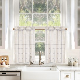 DriftAway Kitchen Curtains Striped Tier Linen Short Curtains Windowpane Plaid Cafe 36 Inch Length for Living Room Bathroom Chris Farmhouse Rustic Rod Pocket 2 Panels Navy