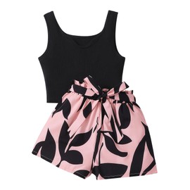 NEW 6-14 Years Seechosle Girls 2 Piece Outfits Ribbed Tank Top and Paperbag Shorts Set with Pockets (Black/pink, 11-12 Years)