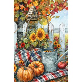 Texupday Fall Harvest Pumpkin Sunflower Floral Fence Decoration Vertical House Flag Autumn Maple Leaves Thanksgiving Holiday Rustic Farmhouse Outdoor Yard Banner 28" x 40"