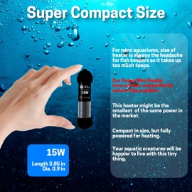 AquaMiracle Upgraded 15W Small Aquarium Heater Fish Tank Heater Turtle Heater Super Mini Aquarium Heater, Dry-Run/Overheating Protection and Memory Function, Dual LED Display, for 1-3 Gal Tanks