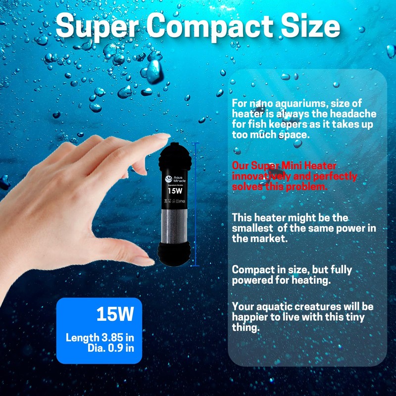 AquaMiracle Upgraded 15W Small Aquarium Heater Fish Tank Heater Turtle