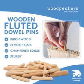 Woodpeckers Wooden Dowel Pins 5/8"x3", Fluted Pins for Woodworking and Crafts | Woodpeckers - Pack of 50, Natural