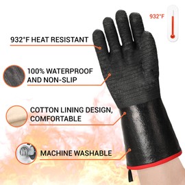 932°F Extreme Heat Resistant BBQ Gloves, Waterproof Oven & Fryer Gloves, Oil Resistant Neoprene Grill Gloves for Baking, Smoker, 14 inch