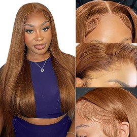 Weeybay Real Hair Wig, Bone Straight Human Hair Wig, Glueless Wear and Go, 4 x 1 Lace Closure Wigs, Women, 100% Brazilian Bleached Knots, Light Brown Colour, 8A Grade, 32 Inches (81 cm)