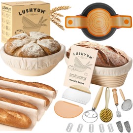 Banneton Bread Proofing Basket, Sourdough Rising Brotform Baking Supplies Set of 2, 10" Oval & 9" Round Rattan with Liner Dough Proof Accessories Loaf Making Kit, Ideal Gift for Homemade Bread