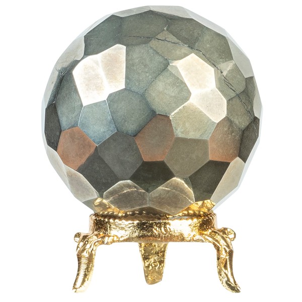 Croconゴールデンパイライトダイヤモンドカットクリスタルボール、メタルスタンド付き|ジェムストーンボールヒーリングスフィア彫刻フィギュア| 風水占いの家の装飾のための|水晶球| サイズ：50-60mm