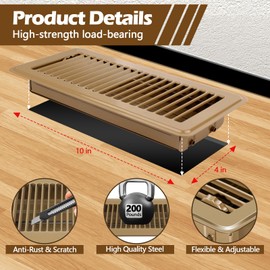 WAWINY Floor Register 4x10 Inch, 2 Pack Heavy Duty Steel Vent Covers for Home Floor, Rust-Resistant Walkable Air Vent Covers with Adjustable Airflow, Easy to Install Wall or Sidewall (Brown)