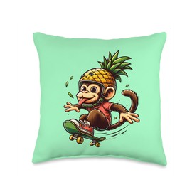 Pineapple Cat Helmet Skateboarding Monkey in Pineapple Helmet Throw Pillow, 16x16, Multicolor