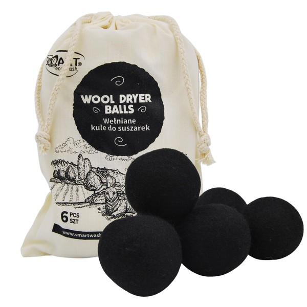 SMART Wash Tumble Dryer Balls | Pack of 6 - 100% Wool - Speed Drying - Hypoallergenic and Natural - New Zealand Sheep's Wool (Pack of 6, Black)