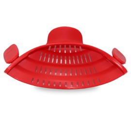 Cheer Collection Silicone Clip on Pot Strainer, Heat-resistant Snap-On Strainer for Pasta, Noodles, Rice, Meats and Vegetables, Red