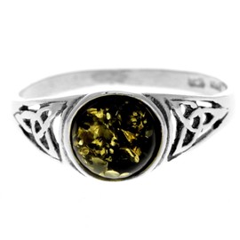 SilverAmber Jewellery Silver Amber Jewellery - 925 Sterling Silver Celtic Designer Ring with Green Baltic Amber - UK Ring Size P - AR5GP, Gemstone
