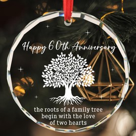 60th Anniversary Wedding Gifts for Couple Happy 60th Anniversary Ornament for Him Her 60 Years Wedding Decorations for Husband Wife Mr Mrs Married Christmas Tree Decoration Glass Round Ornament