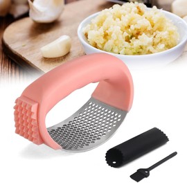 Kitchen Garlic Presser, Garlic Press Rocker Garlic Mincer Garlic Crusher with Peeler and Cleaning Brush, Stainless Steel Garlic Mincer for Smash Garlic Kitchen Gadgets (A)