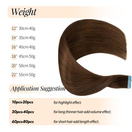 TOZOIE Tape-in Hair Extensions - Chocolate Brown 20pcs 16 Inch Real Human Hair - Straight, Invisible