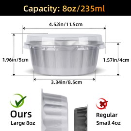 Beasea Ramekins 8 oz with Lids Disposable, 120 Pack 8 oz 4 Inch Mini Silver Aluminum Foil Creme Brulee Baking Cups Small Round Cupcake Tart Pie Tins Pans Individual Containers Oven Safe