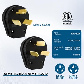 NEMA 10-30/50P Straight Blade Angle Plug 2Pack, AC Dryer Replacement Male Angle Plug, Non-Grounding Heavy Duty Universal Power Male Connector for Dryers 30/50Amp,125/250Volt-with 1 Screwdriver