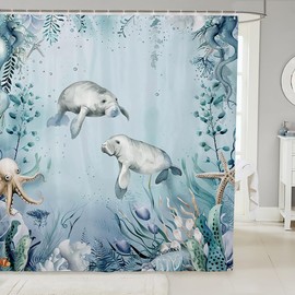 Manatee Shower Curtain Set Teal Blue Beach Coastal Ocean Shower Curtain 72"Wx72"L,Starfish Octopus Tentacles Bathroom Accessories Underwater Creature Coral Bath Curtain,Kawaii Fish Shower Curtain