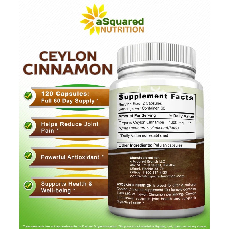 Asquared Nutrition Canela Ceylán Natural 1200mg 120 Cápsulas