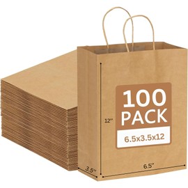 Jet Paper Bags - 100 Pack 6.5x3.5x12 Inch Medium Plain Brown Kraft Paper Bags with Handles Bulk, Gift Wrap Bags for Favors Grocery Retail Party Birthday Shopping Business Goody Craft Merchandise Take Out Sacks