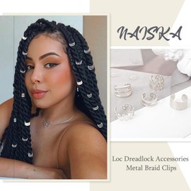 NAISKA 15PCS Hair Jewelry for Braids Hair Beads Dreadlock Accessories Metal Braid Clips Non-Piercing Ear Clip Hair Cuffs Coils Locs Jewelry for Women Men Hair Accessories(Silver)