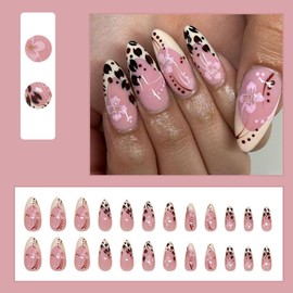 24 Pcs Pink Press on Nails Short Almond - YEFIUO Milky White French Fake Nails Press ons Nail Art Tips Glue on Nails with Flowers Design Full Cover Acrylic False Nails Stick on Nail Kit for Women