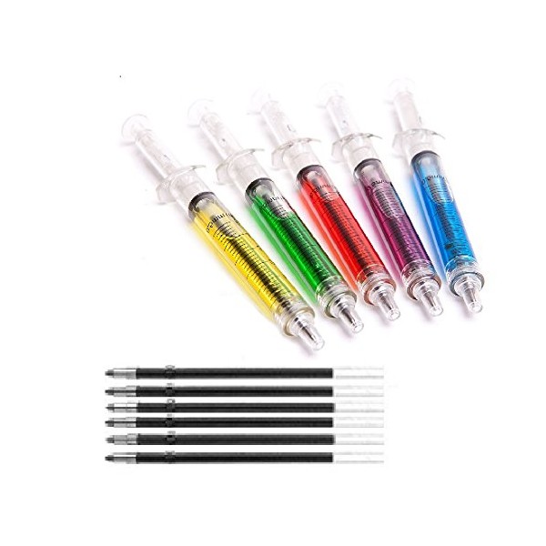 5 Novelty Syringe Pens with Mixed Barrel Colours with 5
