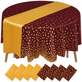 Preboun 4 Sets Satin Table Runner and Plastic Round Tablecloths Set 84 Inch Disposable Gold Polka Dots Table Cover for Wedding Bridal Shower Birthday Party Decorations (Maroon,Gold)