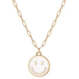 Godyce Smile Pendant Necklace for Women Girls Smiley Face Chain Necklace Paperclip Necklace Cute Round Pendant Necklace Preppy Jewelry (White)