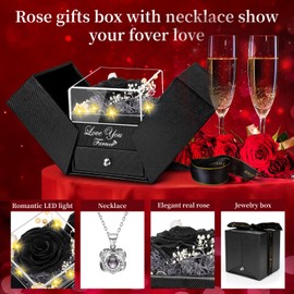 Lebana Preserved Black Real Rose-Eternal Flowers Rose Birthday Gifts for Her Mom Wife Girlfriend Grandma on Valentines Mothers Day Christmas Anniversary Romantic with Heart I Love You Necklace- Black
