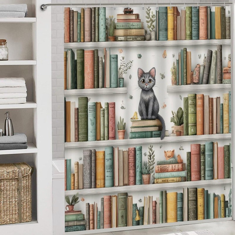 4PCS Cute Kitten Bookshelf Shower Curtain Set 72W X 72L,